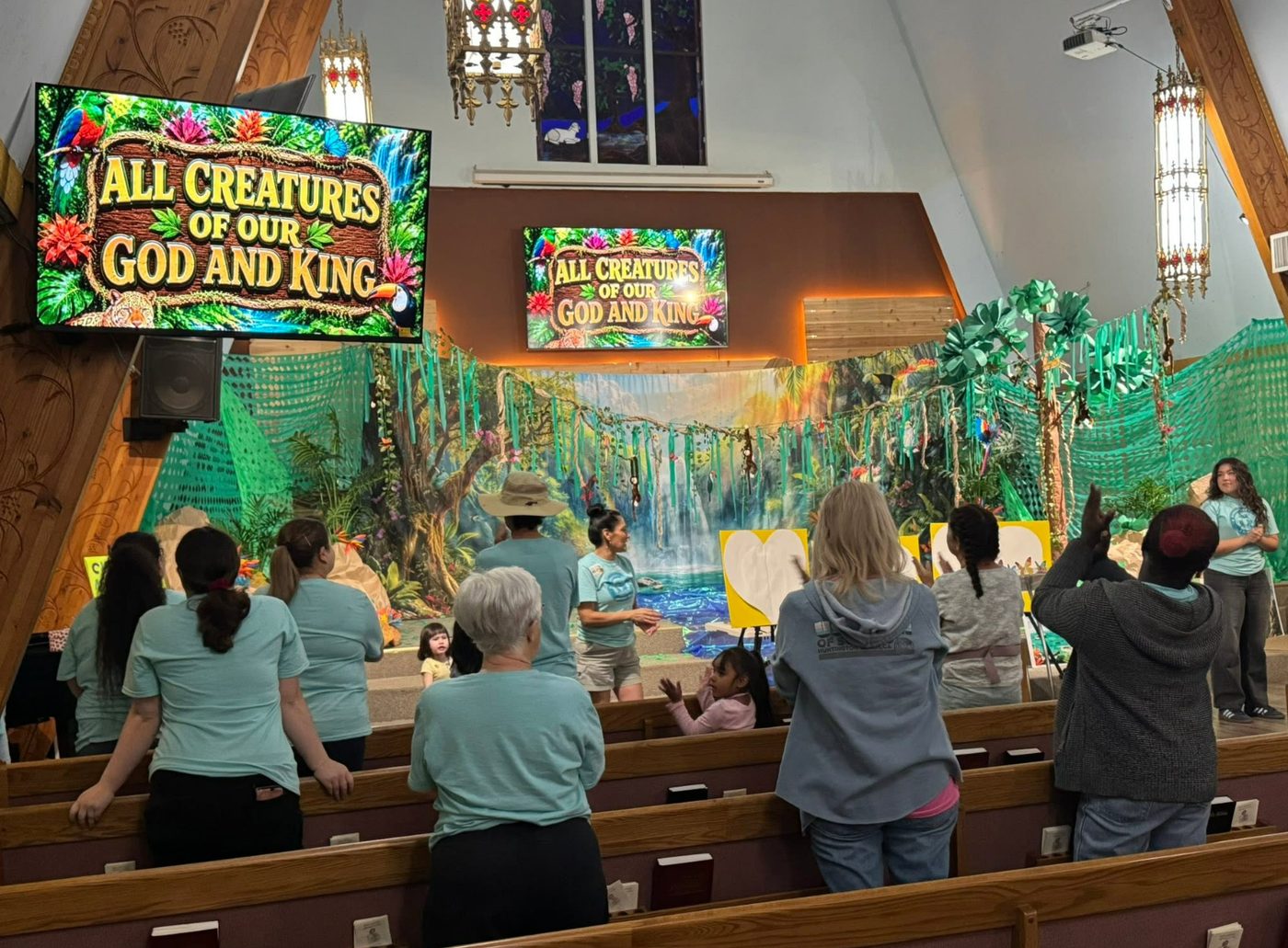 The sanctuary decorated as a rainforest for Vacation Bible School